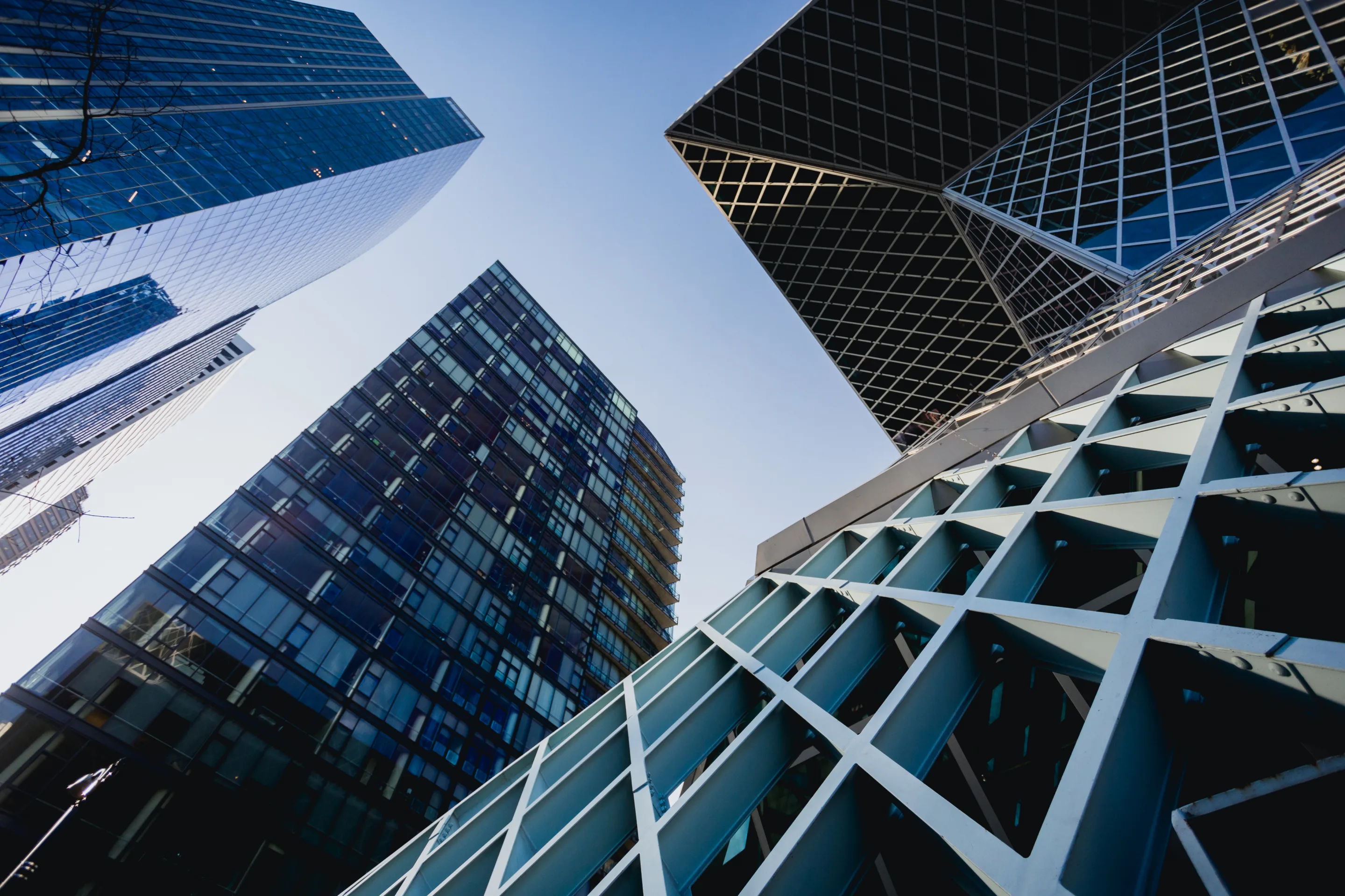 Tall offices and business skyscrapers in the heart of downtown Seattle, Washington.